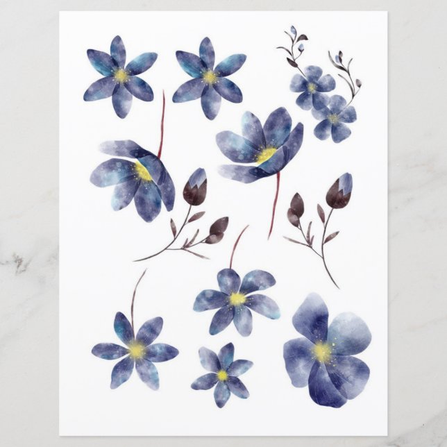 Akvarellblå blommor att klippa ut och kolaژی (Framsida)
