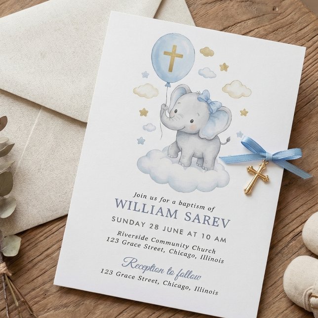 Akvarellblå Elefantdopkors med moln Inbjudningar (Blue Elephant Baptism Invitation for Boy with Cross and Clouds)