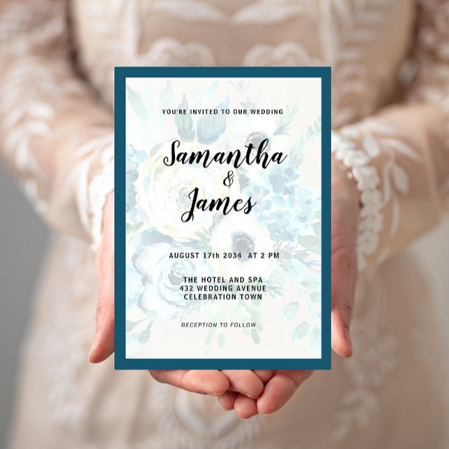 Akvarellblå elegant blomstergudstjänstinvitation inbjudningar (Skapare uppladdad)