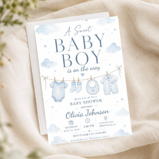 Akvarellblå En söt babyboy-fest elegant Inbjudningar