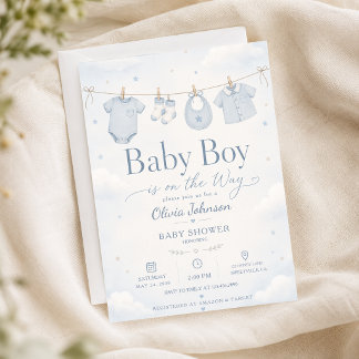 Akvarellblå En söt babyboy-fest elegant Inbjudningar