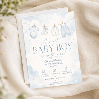 Akvarellblå En söt babyboy-fest elegant Inbjudningar