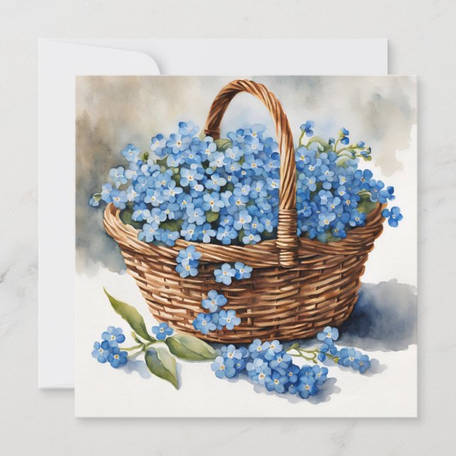 Akvarellblå Förgätmigejblommor i korg Kort (Framsida)
