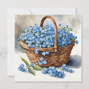 Akvarellblå Förgätmigejblommor i korg Kort