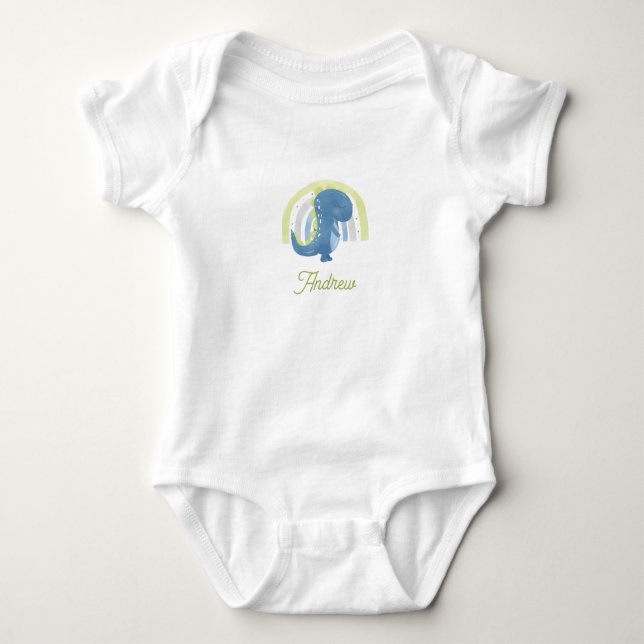 Akvarellblå grön dinosaurie & regnbåge barnnamn t shirt (Framsida)