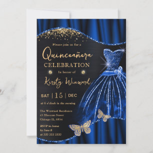 Akvarellblå & Guld Glitter Klänning Quinceanera Inbjudningar