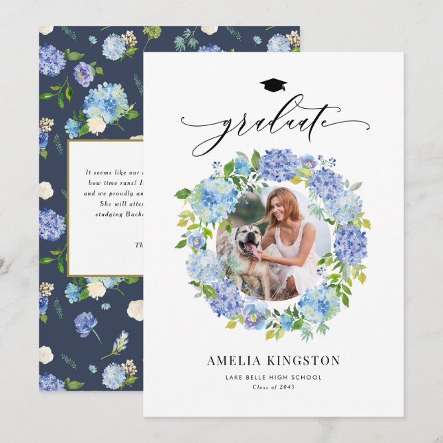 Akvarellblå Hydrangeakrans Fotoexamen Utexaminerad Inbjudningar (Fram/baksida)