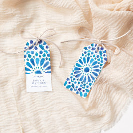 Akvarellblå Medelhavsplattor Bröllop Presentetikett