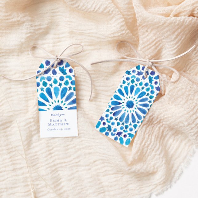 Akvarellblå Medelhavsplattor Bröllop Presentetikett (Skapare uppladdad)