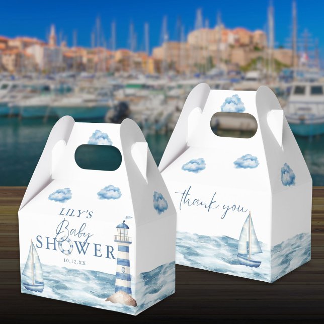 Akvarellblå nautisk babyfest presentaskar (Watercolor Blue Nautical Baby Shower Favor Boxes)