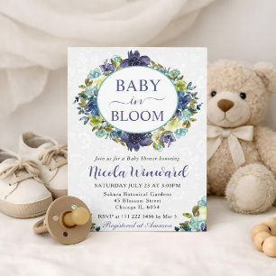 Akvarellblå och blå krans Baby Shower Inbjudningar