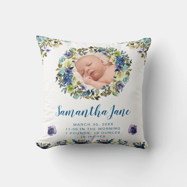 Akvarellblå och krämfärgade blommor krans babyfoto kudde (Framsida)
