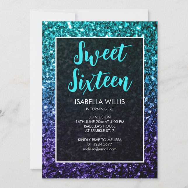 Akvarellblå Ombre-gnistrande Sweet 16 elegant skri Inbjudningar (Framsida)