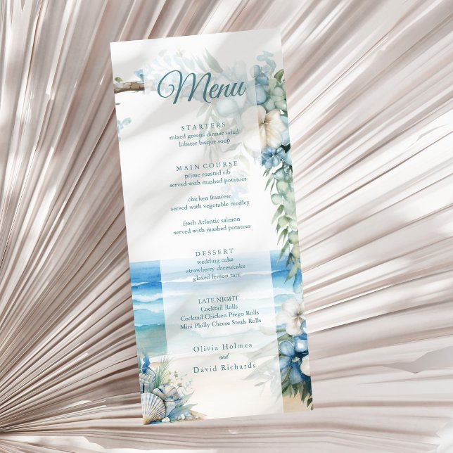 Akvarellblå Tropisk Valvbåge Strand Bröllopsmeny Meny (Watercolor Blue Tropical Arch Beach Wedding Menu on a sunny neutral dry palm leaf.)