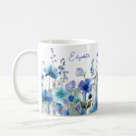 Akvarellblå Vildblomma Blommig Anpassat Namn Kaffemugg
