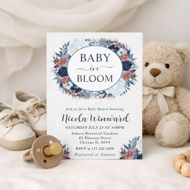 Akvarellblå vit vinterkrans baby shower inbjudningar (Skapare uppladdad)