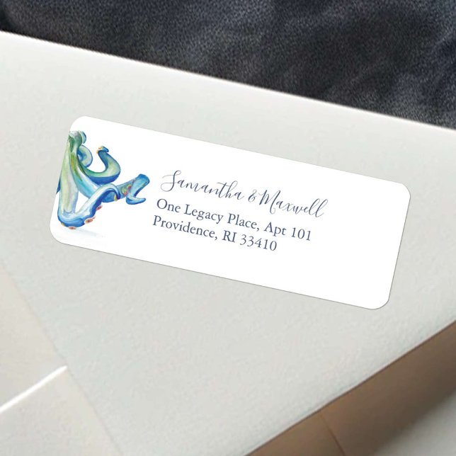Akvarellbläckfisk Under Havet Returadress Etikett (Nautical return address labels watercolor octopus art by Victoria Grigaliunas of Do Tell A Belle)