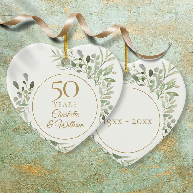 Akvarellblad 50-årsjubileum julgransprydnad keramik (Watercolor Leaves 50th Wedding Anniversary Ceramic Ornament)