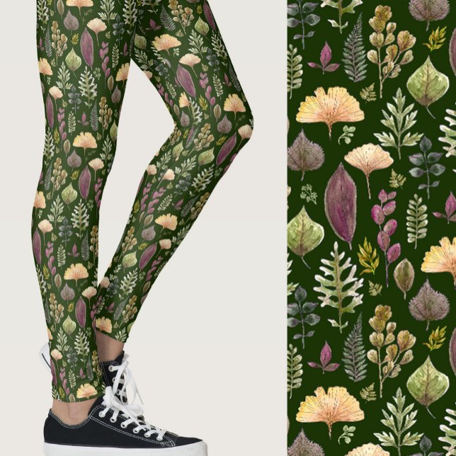 Akvarellblad och ormbunks höstskog grön leggings (Skapare uppladdad)