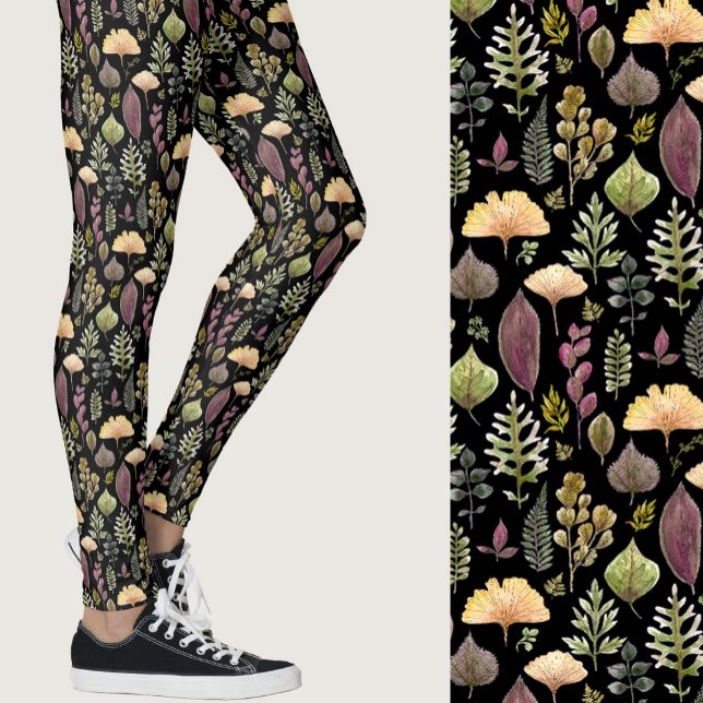 Akvarellblad och ormbunks höstskog svart leggings (Skapare uppladdad)
