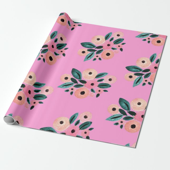 Akvarellblågrön och rosa blommig presentpapper (Utrullad)