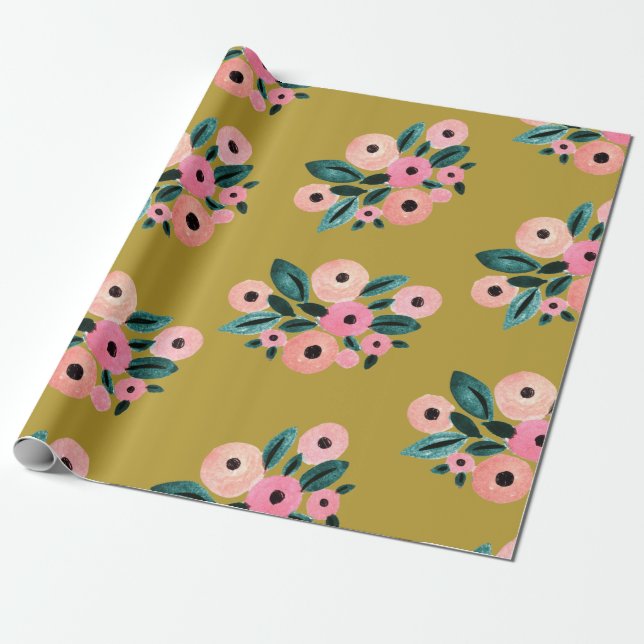 Akvarellblågrönt, rosa och guld blommigt presentpapper (Utrullad)