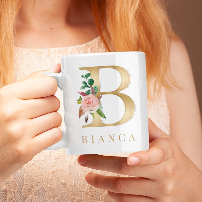 Akvarellblomma & Guld Bokstav B Monogram Kaffemugg (Skapare uppladdad)