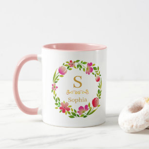 Akvarellblomma Monogram I Anpassad Guldinitial Mugg