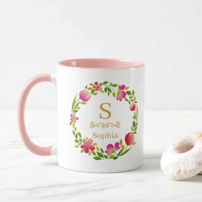 Akvarellblomma Monogram I Anpassad Guldinitial Mugg (Med munk)