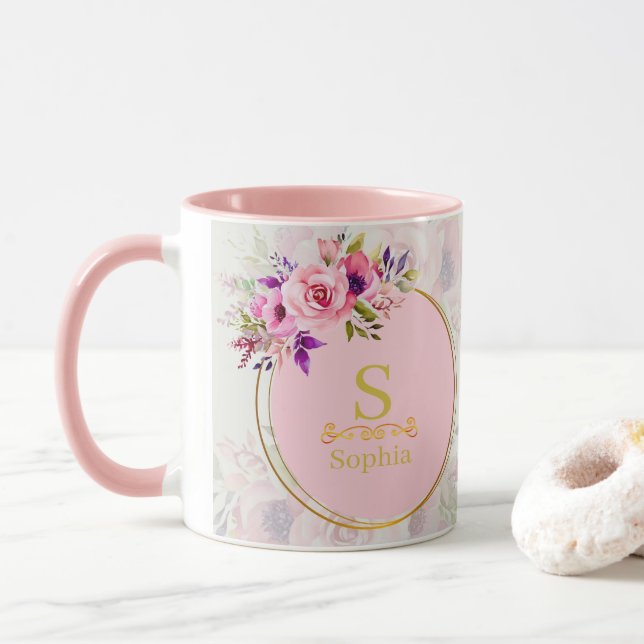 Akvarellblomma Monogram I Anpassad Guldinitial Mugg (Med munk)