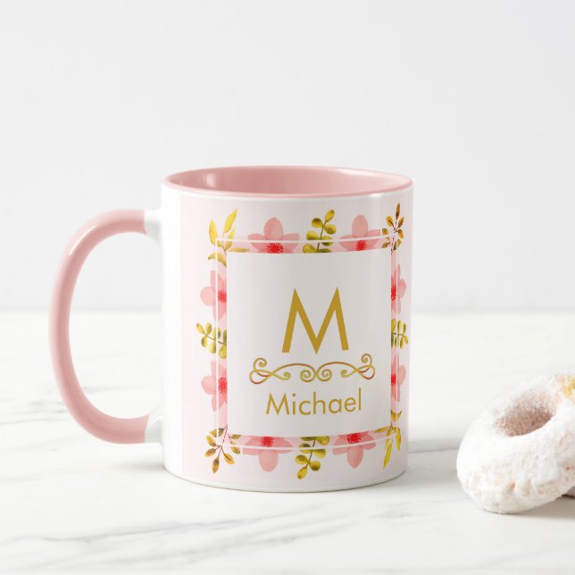 Akvarellblomma Monogram I Guldinitial & Namn Mugg (Med munk)