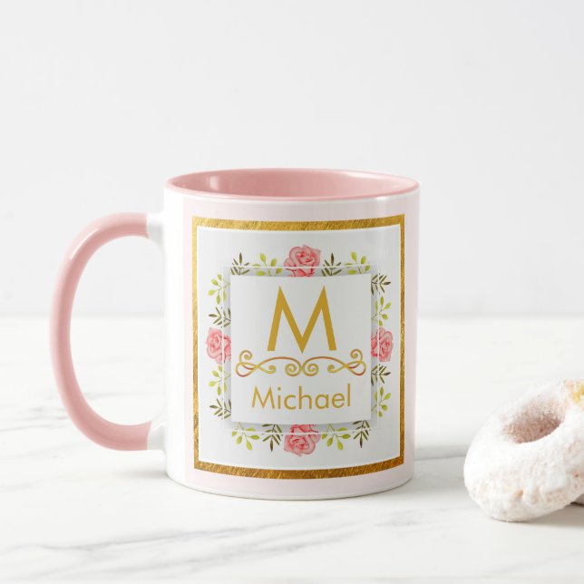 Akvarellblomma Monogram I Guldinitial & Namn Mugg (Med munk)