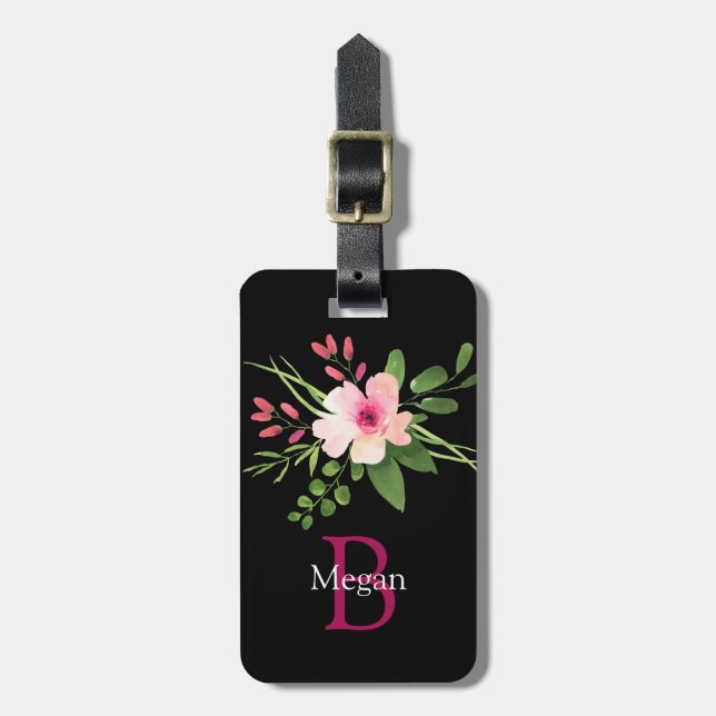 Akvarellblomma, namn & monogram, info bagagebricka (Vertikal Framsida)