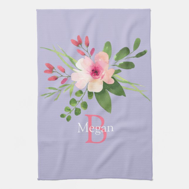 Akvarellblomma, namn & monogram på lavendel kökshandduk (Vertikal)