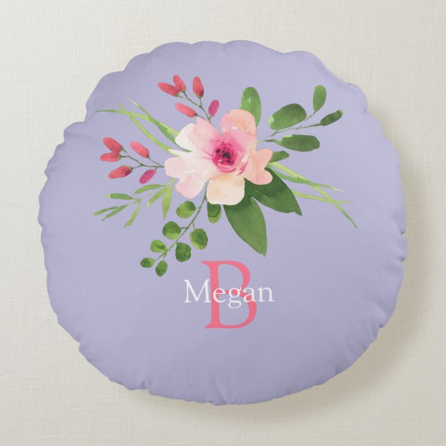 Akvarellblomma, namn & monogram på lavendel rund kudde (Framsidan)