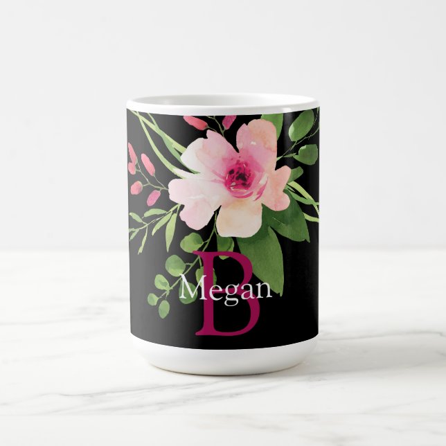 Akvarellblomma, namn & monogram på svart kaffemugg (Center)