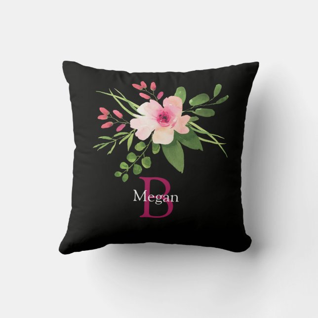 Akvarellblomma, namn & monogram på svart kudde (Baksida)