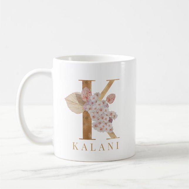 Akvarellblomma och guld Bokstav K Initial Kaffemugg (Vänster)
