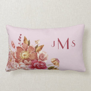 Akvarellblomma Rosa Monogram Lumbarkudde