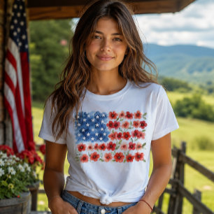 Akvarellblommig amerikansk flagga patriotiska blom t shirt