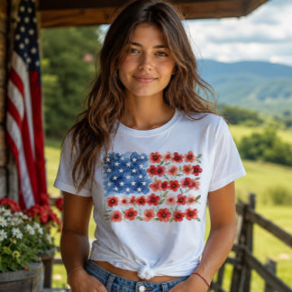 Akvarellblommig amerikansk flagga patriotiska blom t shirt