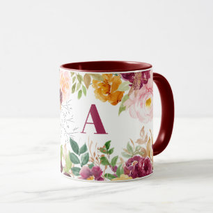 Akvarellblommig klassisk elegant burgundermonogram mugg