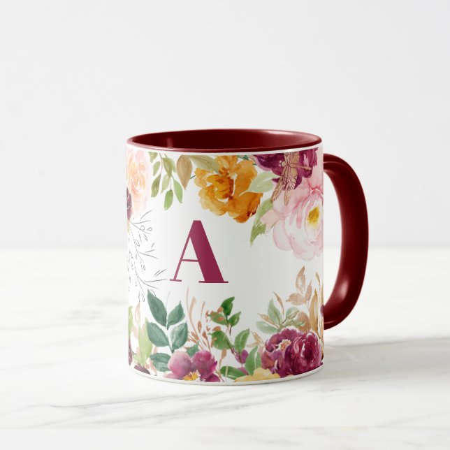 Akvarellblommig klassisk elegant burgundermonogram mugg (Framsida höger)