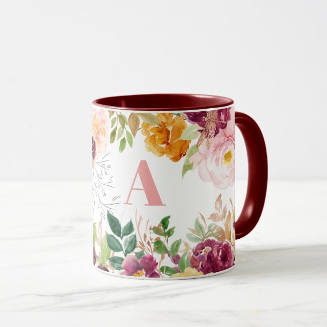 Akvarellblommig klassisk elegant grön monogram mugg (Framsida höger)