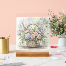Akvarellblommig korg med rosor och hortensior