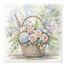 Akvarellblommig korg med rosor och hortensior