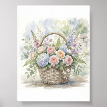 Akvarellblommig korg med rosor och hortensior