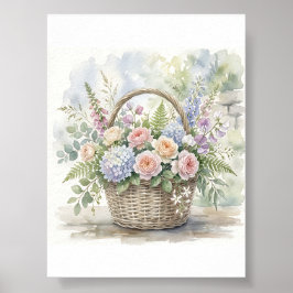 Akvarellblommig korg med rosor och hortensior poster