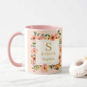 Akvarellblommig monogram I Anpassad guldinitial Mugg