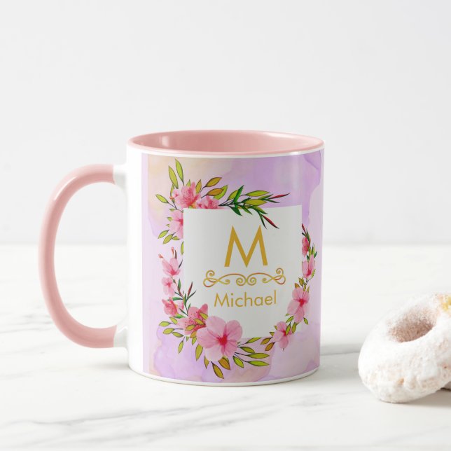 Akvarellblommig monogram I Guldinitial & namn Mugg (Med munk)